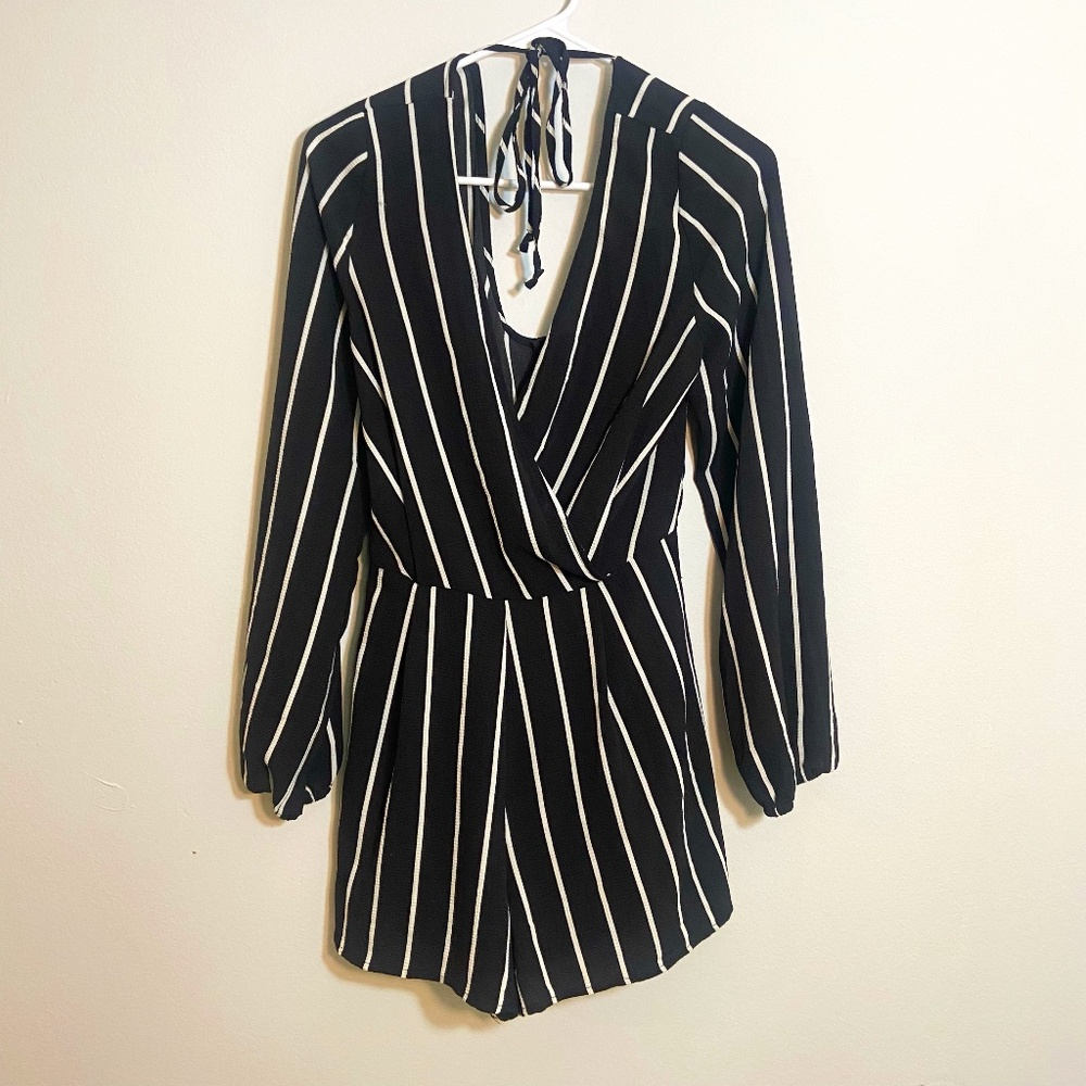 Alter'd State Black and white stripe Long sleeve shorts romper Size M